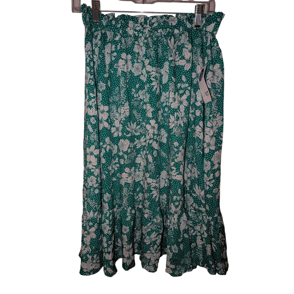 Mixit‎ Womens Green Floral Polka Dot Smocked Paperbag Waist Ruffle Midi Skirt M